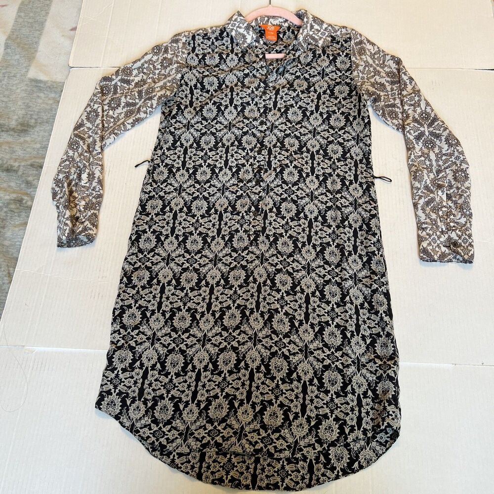 Joe Fresh XS Gray Beige 100% Silk Shirt Dress Long Sleeve Floral (No Belt)